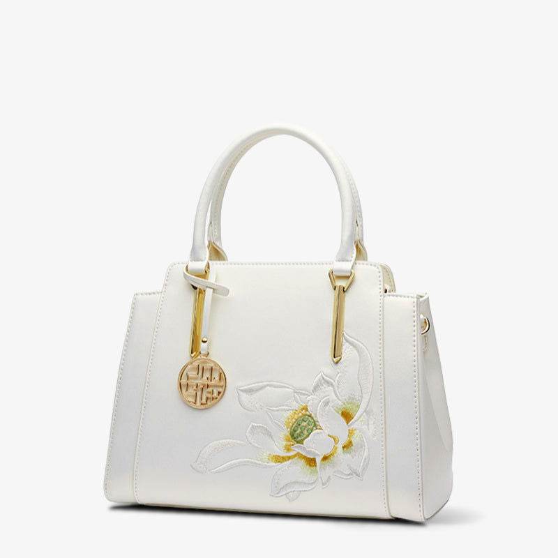 Sinocultural Embroidery Leather Tote Bag White Lotus Crossbody Bag - SinoCultural -- P120317