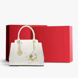 Sinocultural Embroidery Leather Tote Bag White Lotus Crossbody Bag - SinoCultural -- P120317