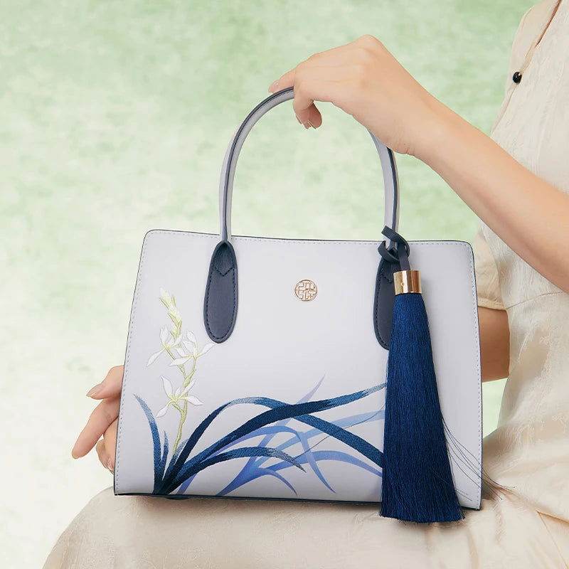 Embroidery Leather Tote Bag Blue Orchid with Pendant - SinoCultural -- P120452