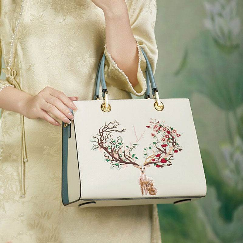 Embroidery Leather Tote Crossbody Bag Tricolor Deer - SinoCultural -- SC1068-A2