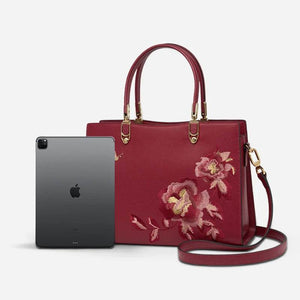 Embroidery Leather Tote Handbag Prosperous Peony - SinoCultural -- SC1605-S2