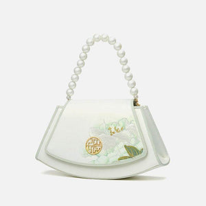 Embroidery Leather Retro White Hibiscus Handbag with Pendant - SinoCultural -- P120446