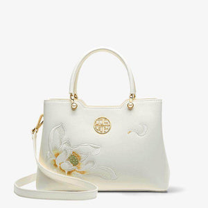 Embroidery Leather White Crossbody Tote Bag Lotus Luxury Gift - SinoCultural -- P120279