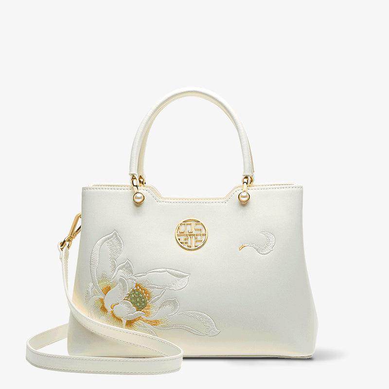Embroidery Leather White Crossbody Tote Bag Lotus Luxury Gift - SinoCultural -- P120279