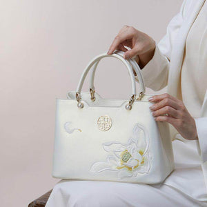 Embroidery Leather White Crossbody Tote Bag Lotus Luxury Gift - SinoCultural -- P120279