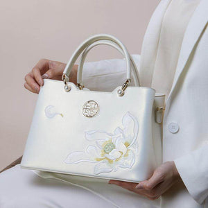Embroidery Leather White Crossbody Tote Bag Lotus Luxury Gift - SinoCultural -- P120279