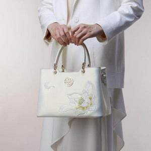 Embroidery Leather White Crossbody Tote Bag Lotus Luxury Gift - SinoCultural -- P120279