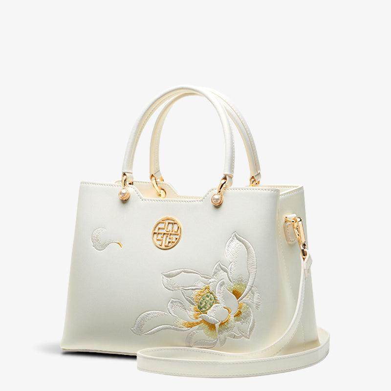 Embroidery Leather White Crossbody Tote Bag Lotus Luxury Gift - SinoCultural -- P120279