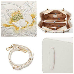 Embroidery Leather White Crossbody Tote Bag Lotus Luxury Gift - SinoCultural -- P120279