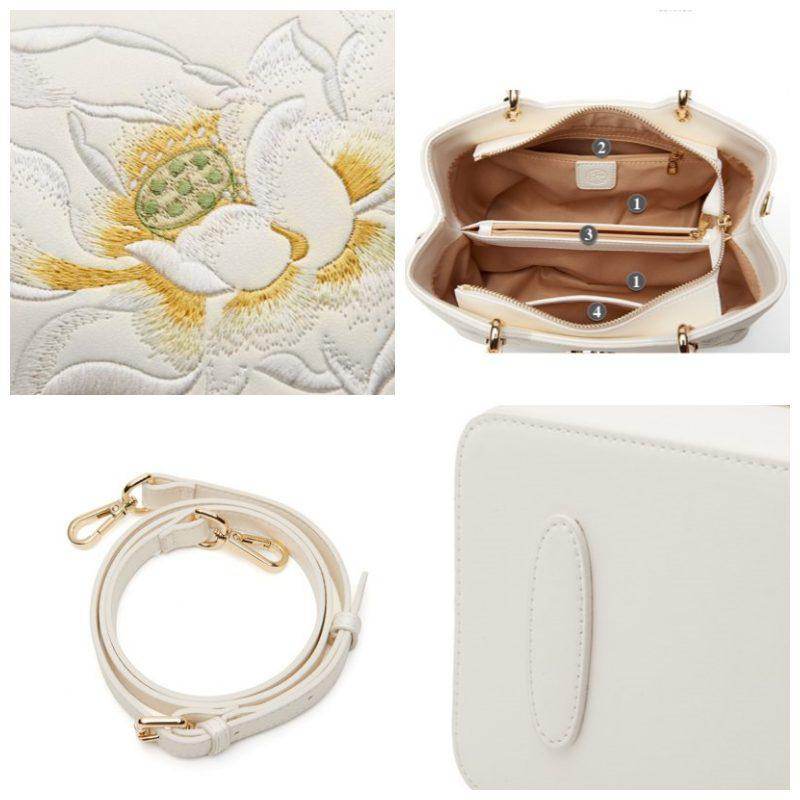 Embroidery Leather White Crossbody Tote Bag Lotus Luxury Gift - SinoCultural -- P120279