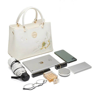 Embroidery Leather White Crossbody Tote Bag Lotus Luxury Gift - SinoCultural -- P120279