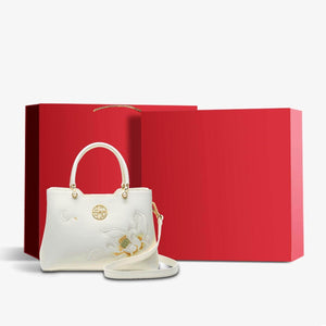 Embroidery Leather White Crossbody Tote Bag Lotus Luxury Gift - SinoCultural -- P120279