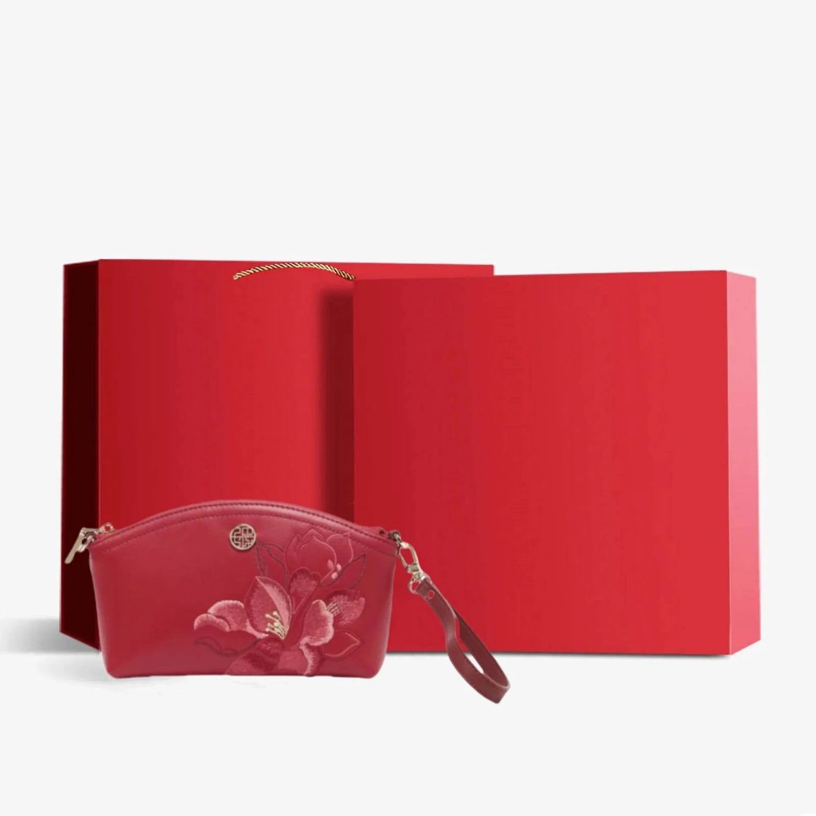 Embroidery Leather Red Magnolia Women‘s Handbag Wallet - SinoCultural -- P220248-1