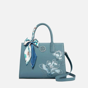 Embroidery Leather White Commuting Handbag Orchid with Scarf - SinoCultural -- P120437-1