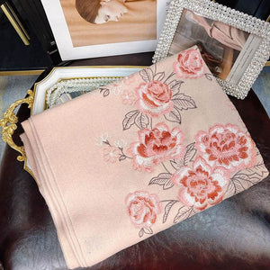 Embroidery 100% Pure Cashmere Scarf Pink Lotus 200x60 cm - SinoCultural -- HYFSJ038A04