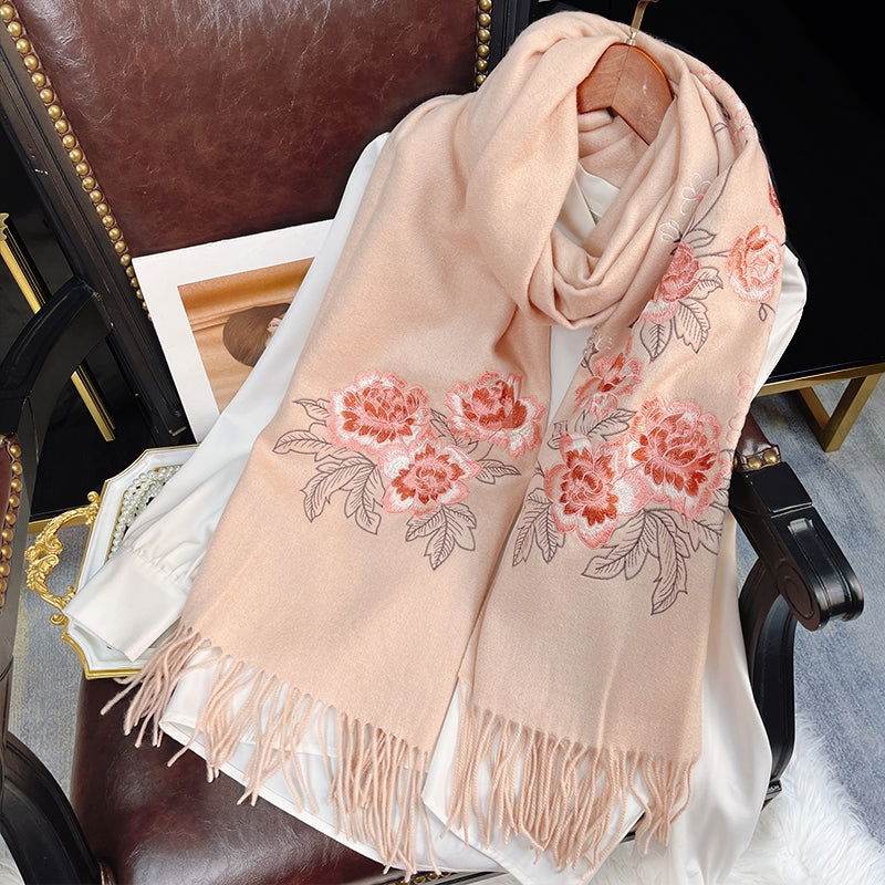 Embroidery 100% Pure Cashmere Scarf Pink Lotus 200x60 cm - SinoCultural -- HYFSJ038A04