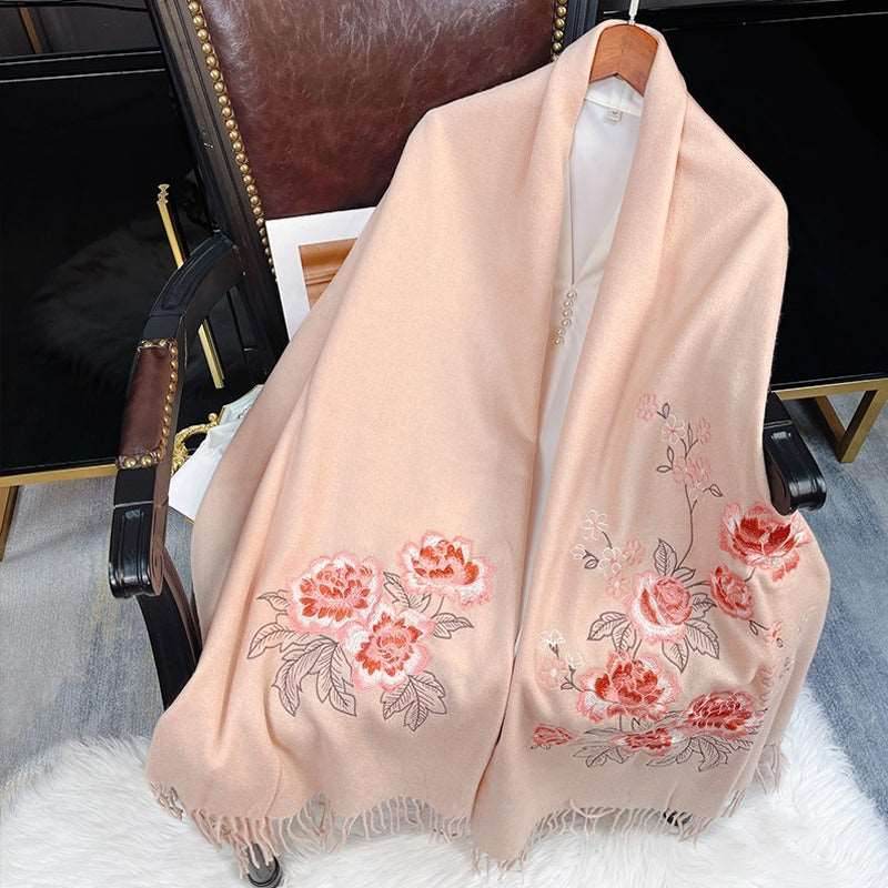 Embroidery 100% Pure Cashmere Scarf Pink Lotus 200x60 cm - SinoCultural -- HYFSJ038A04