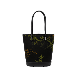 Xiangyunsha Silk Black Bamboo Print Crossbody Bucket Bag - SinoCultural -- P110608