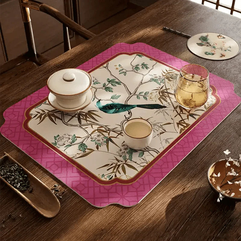 Chinoiserie Retro Pink Floral Bird Kitchen Drain Mat - SinoCultural -- TM065A3040