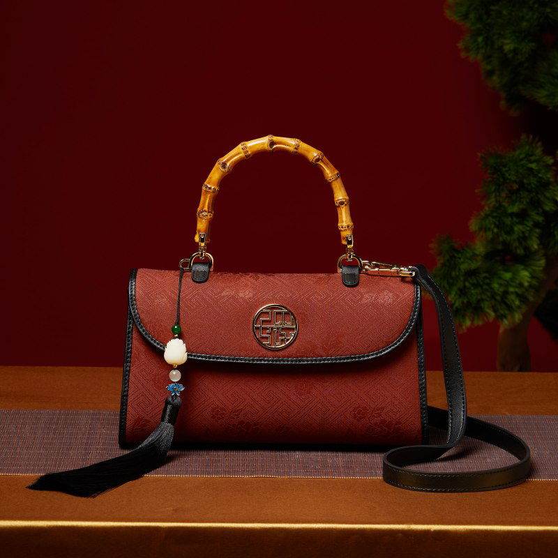 Xiangyunsha Silk Bamboo Handle Brwon Handbag - SinoCultural -- P170079-2