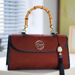 Xiangyunsha Silk Bamboo Handle Brwon Handbag - SinoCultural -- P170079-2