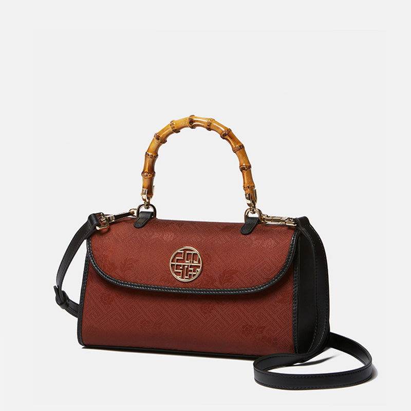 Xiangyunsha Silk Bamboo Handle Brwon Handbag - SinoCultural -- P170079-2