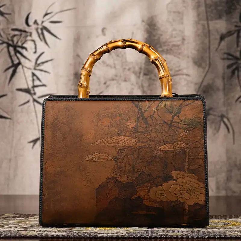 Xiangyunsha Silk Chinese Style Retro Bamboo Handle Tote Handbag - SinoCultural -- W4189-1