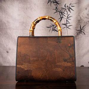 Xiangyunsha Silk Chinese Style Retro Bamboo Handle Tote Handbag - SinoCultural -- W4189-1