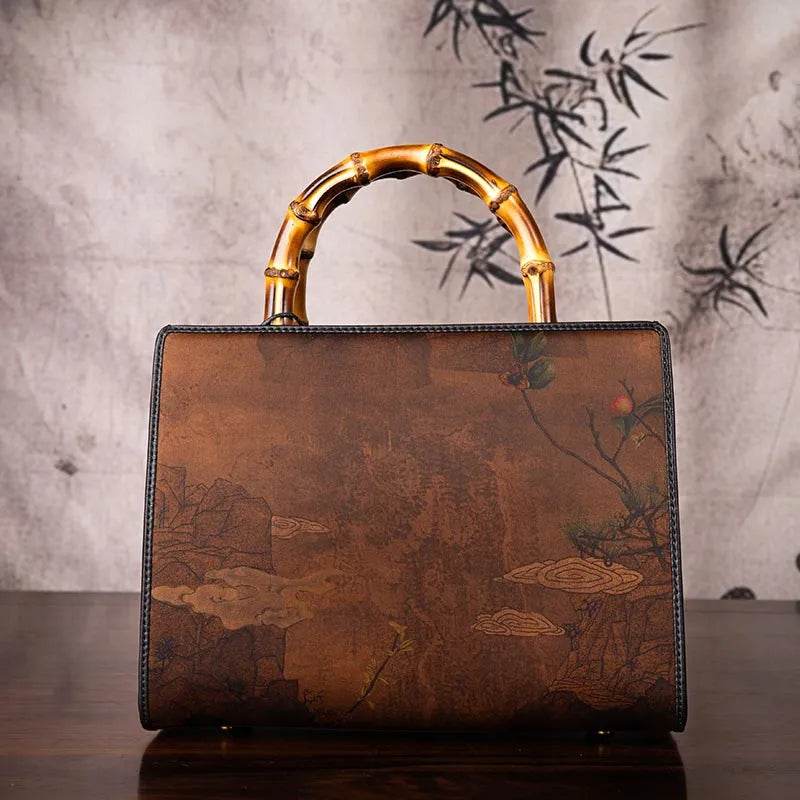 Xiangyunsha Silk Chinese Style Retro Bamboo Handle Tote Handbag - SinoCultural -- W4189-1