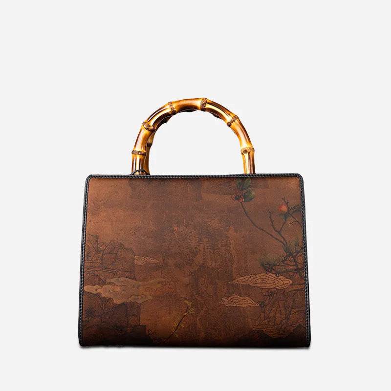 Xiangyunsha Silk Chinese Style Retro Bamboo Handle Tote Handbag - SinoCultural -- W4189-1