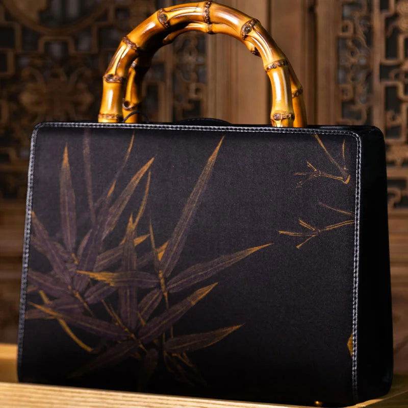 Xiangyunsha Silk Chinese Style Black Bamboo Handle Retro Handbag - SinoCultural -- W4189-2