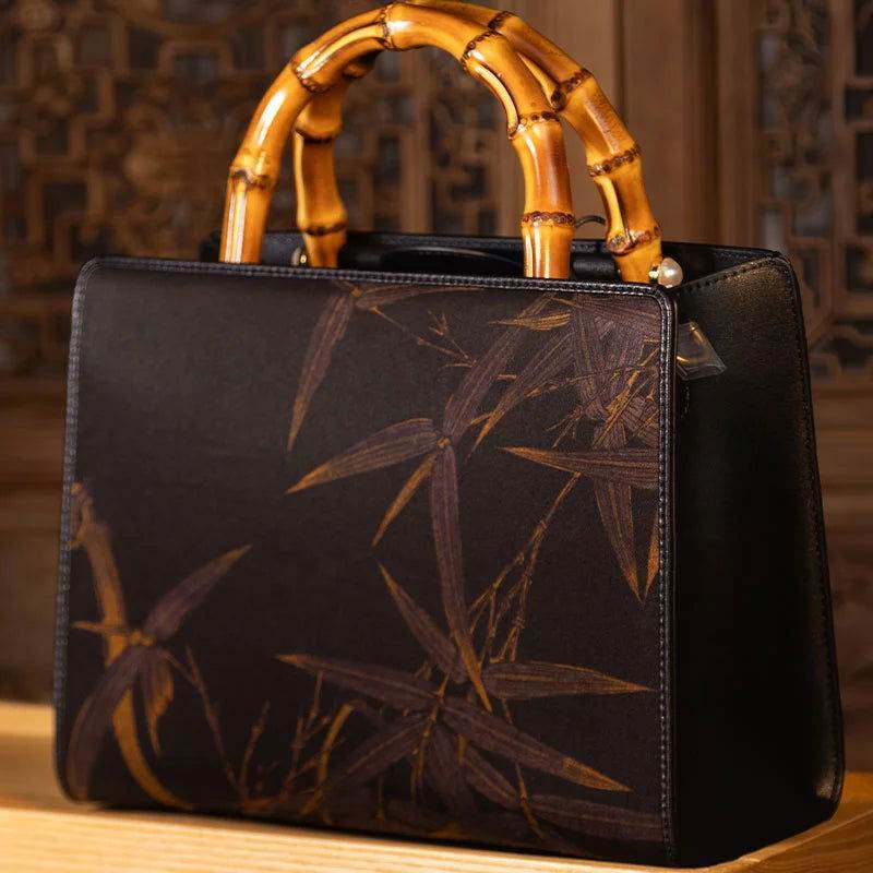 Xiangyunsha Silk Chinese Style Black Bamboo Handle Retro Handbag - SinoCultural -- W4189-2