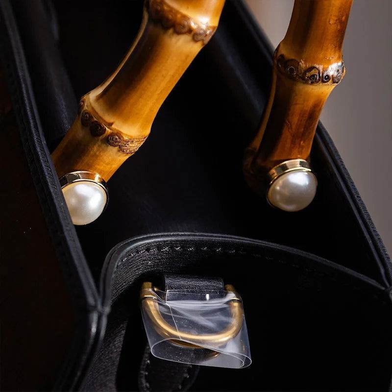 Xiangyunsha Silk Chinese Style Black Bamboo Handle Retro Handbag - SinoCultural -- W4189-2