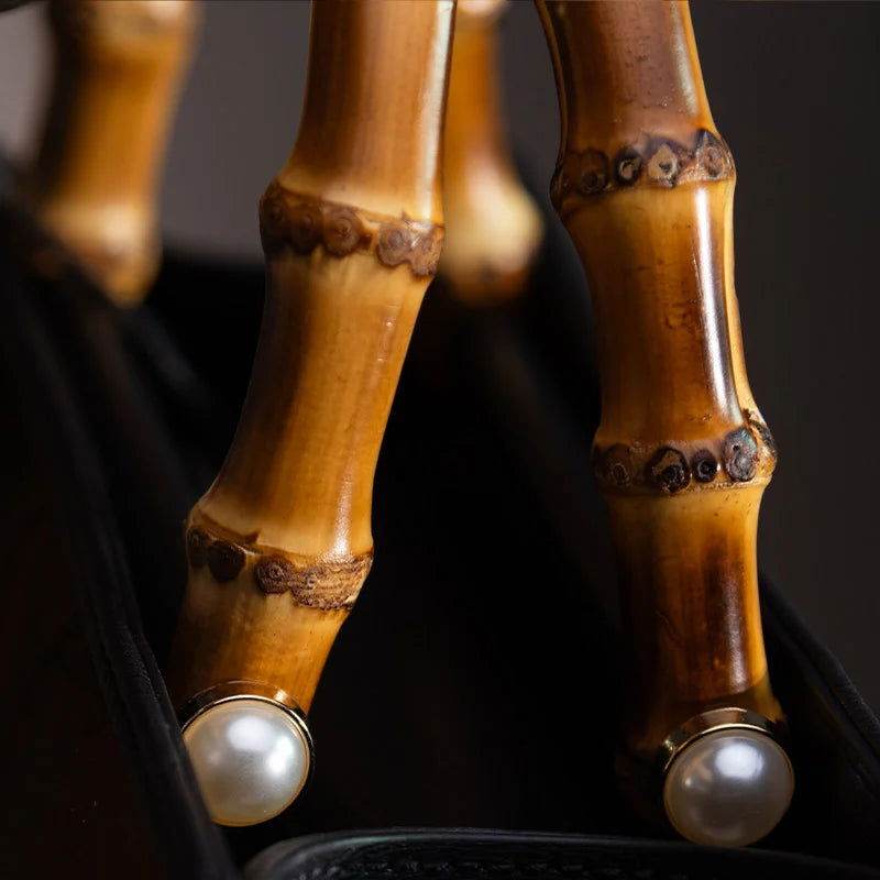 Xiangyunsha Silk Chinese Style Black Bamboo Handle Retro Handbag - SinoCultural -- W4189-2