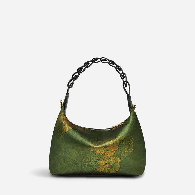Xiangyunsha Silk Dark Green Mulberry Silk Shoulder Bag - SinoCultural -- P170083-2