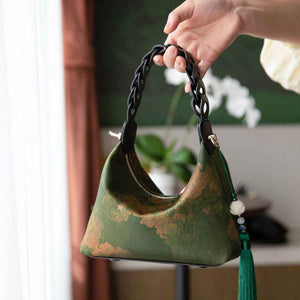 Xiangyunsha Silk Dark Green Mulberry Silk Shoulder Bag - SinoCultural -- P170083-2