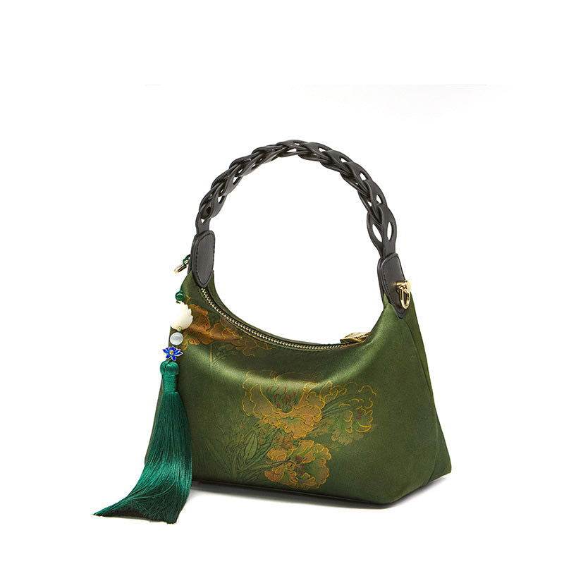 Xiangyunsha Silk Dark Green Mulberry Silk Shoulder Bag - SinoCultural -- P170083-2