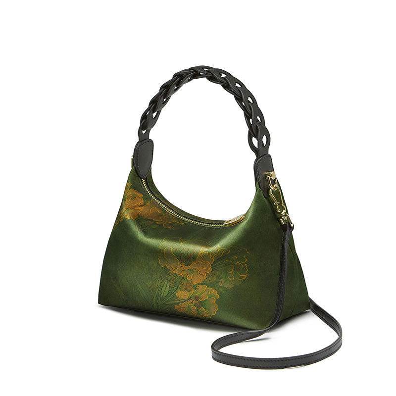 Xiangyunsha Silk Dark Green Mulberry Silk Shoulder Bag - SinoCultural -- P170083-2