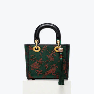 Xiangyunsha Silk Green Retro Cowhide Handbag with Pendant - SinoCultural -- KM-0126-S3