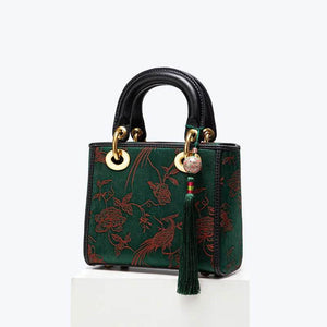 Xiangyunsha Silk Green Retro Cowhide Handbag with Pendant - SinoCultural -- KM-0126-S3