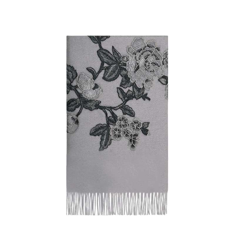 Handcrafted Su Embroidery Cashmere Scarf Premium Quality 200x60cm - SinoCultural -- HYFSJ012-1