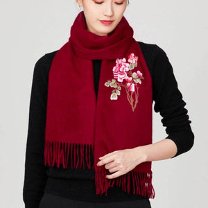 Handcrafted Su Embroidery Cashmere Scarf Warm Winter 200x70cm - SinoCultural -- HYFSJ022-2