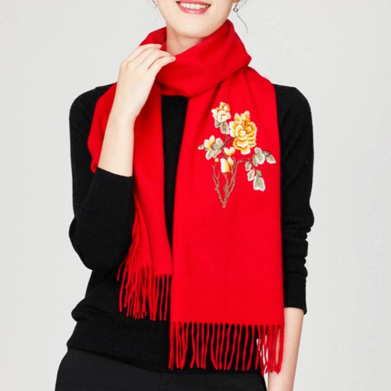 Handcrafted Su Embroidery Cashmere Scarf Warm Winter 200x70cm - SinoCultural -- HYFSJ022-2
