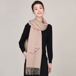 Handmade Suzhou Embroidery Wool Cashmere Scarf with Magnolia Flower 200x38cm - SinoCultural -- HYFSJ057-2