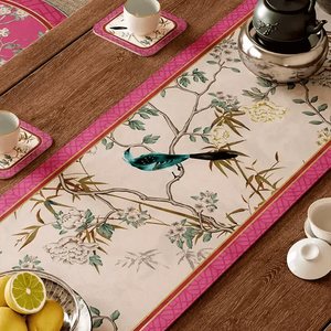 Chinoiserie Romance Luxe Floral Bird Pink Table Runner - SinoCultural -- TR031A160