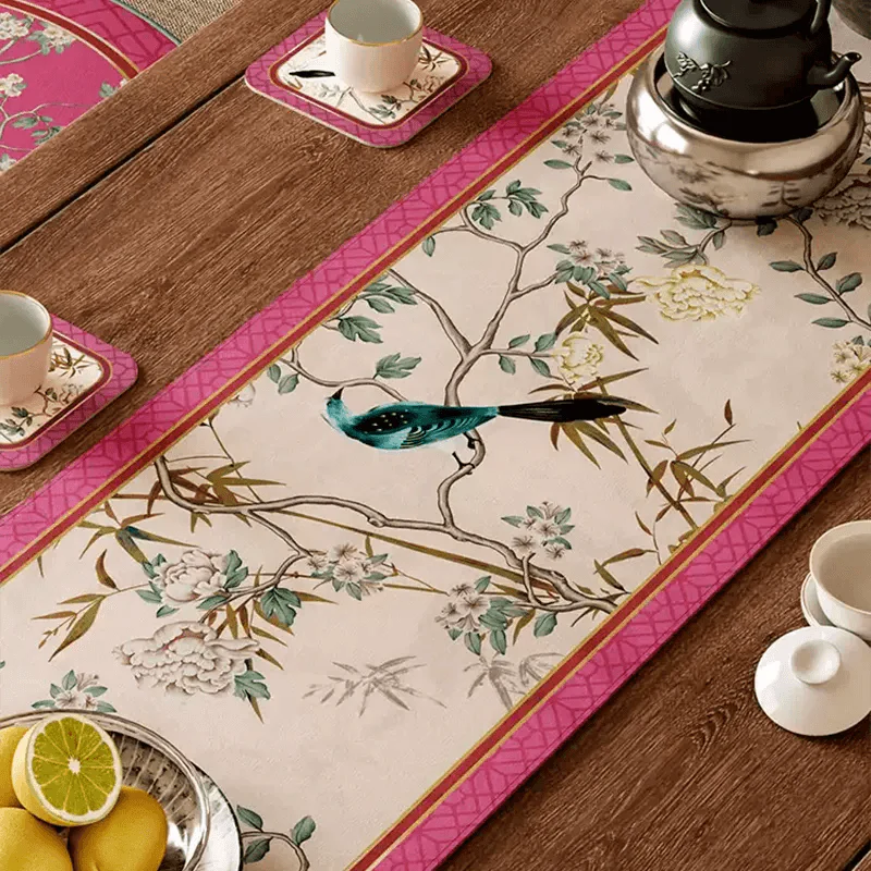 Chinoiserie Romance Luxe Floral Bird Pink Table Runner - SinoCultural -- TR031A160