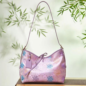 Handcraft Brocade Jacquard Purple"Tuanhua”Chinoiserie Royal Tote Bag - SinoCultural