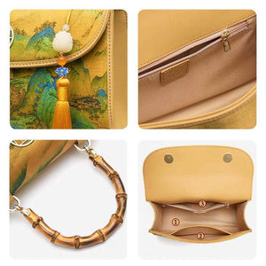 Chinese Painting Xiangyunsha Silk Bamboo Handle Barrel Handbag - SinoCultural -- P170079