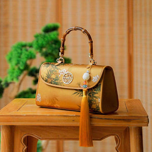 Chinese Painting Xiangyunsha Silk Bamboo Handle Barrel Handbag - SinoCultural -- P170079