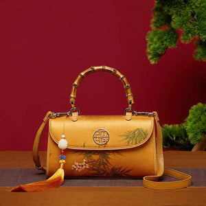 Chinese Painting Xiangyunsha Silk Bamboo Handle Barrel Handbag - SinoCultural -- P170079